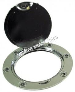 Plastic Gas Tank Lid with Chrome Finish. Fits super pocket bikes and scooters